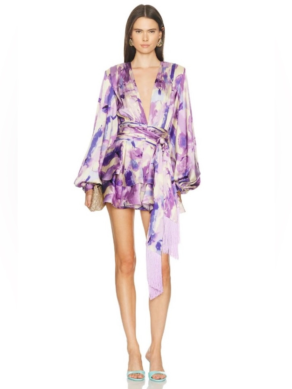 Bronx&Banco Lilac Wisteria Bedouin Satin Ruffle TasselEmbellished Mini Dress XS - Picture 7 of 17